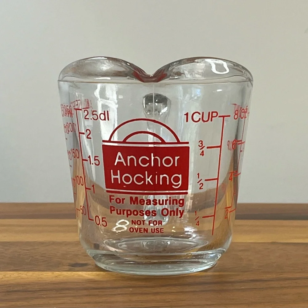 Vtg Anchor Hocking #496 1 Cup/8 oz Measuring Cup Clear Glass Red Lettering USA